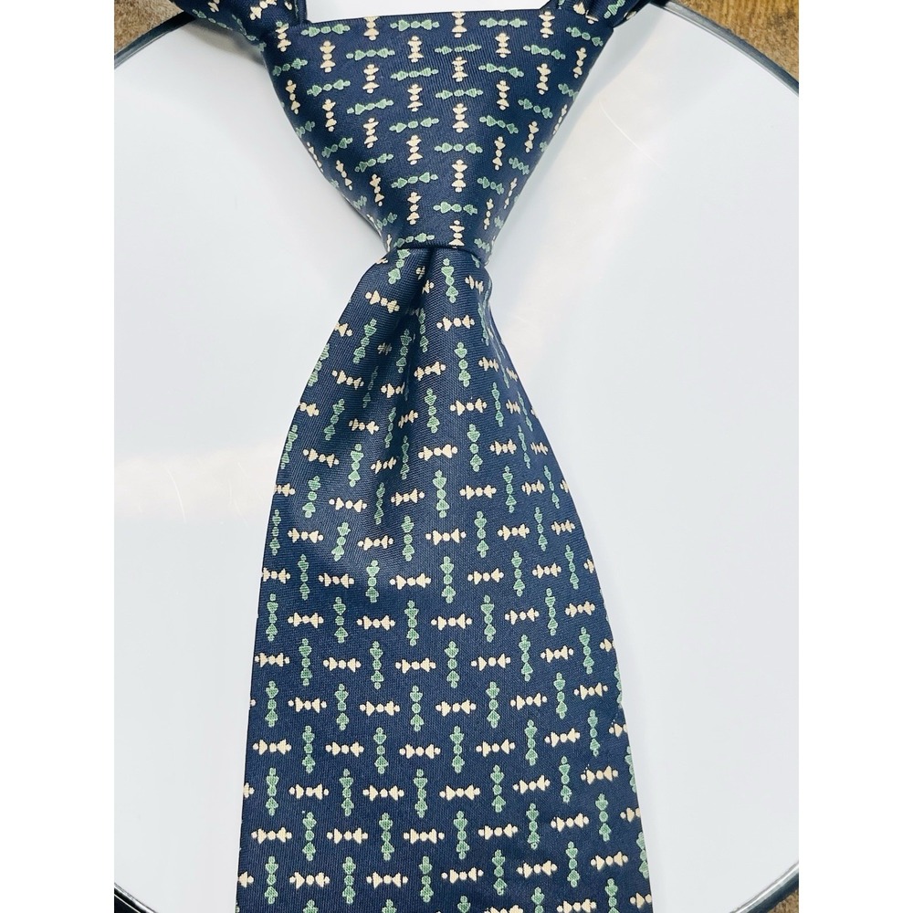 Jim Thompson Thai Silk Necktie Navy Blue Green Geometric Pattern Mens Tie